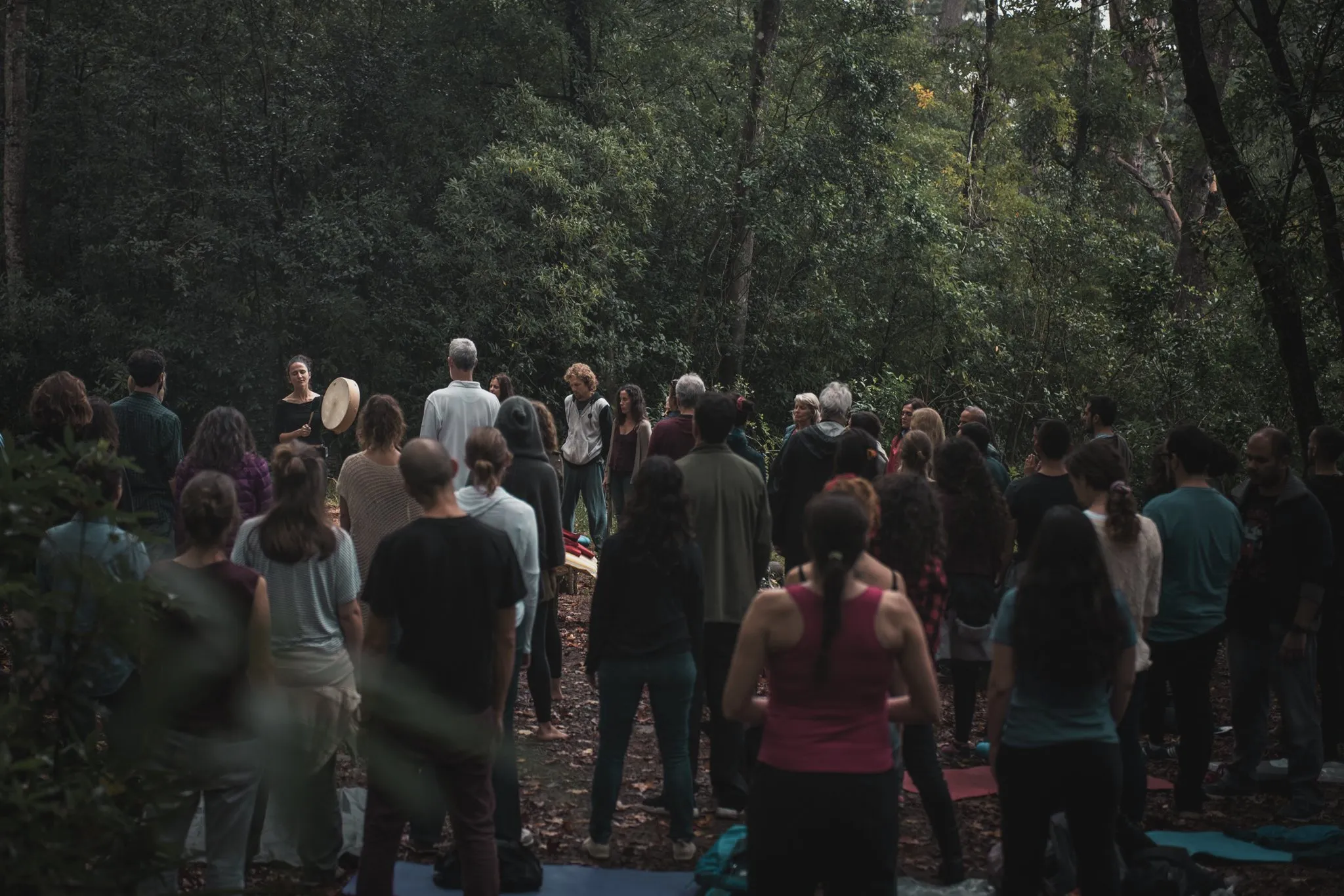 Grupo de personas participando en una ceremonia o meditación en un bosque, algunos con postura de meditación y otros de pie, rodeados de árboles y vegetación.
