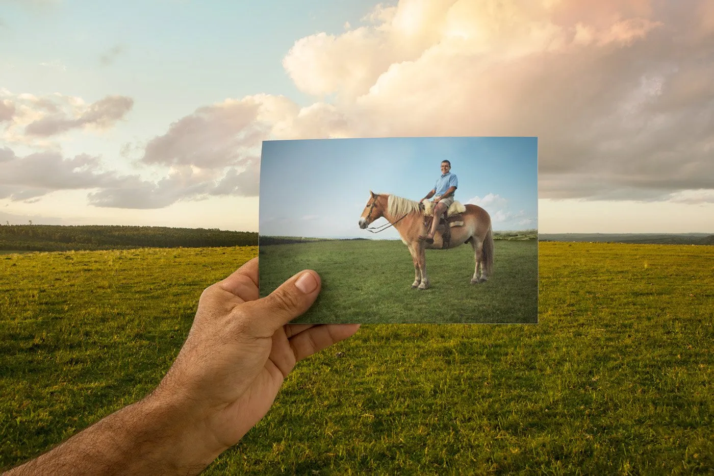 Hilera de campo verde con cielo nublado, y una mano sostiene una fotografía de una persona en caballo en un césped.